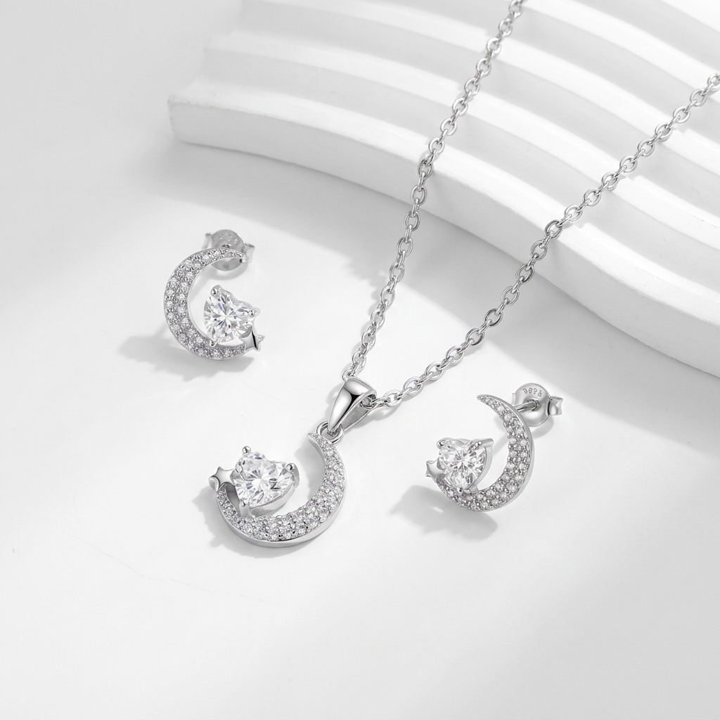 925 Silver Crescent Jewelry Set with Sparkling Heart Stone