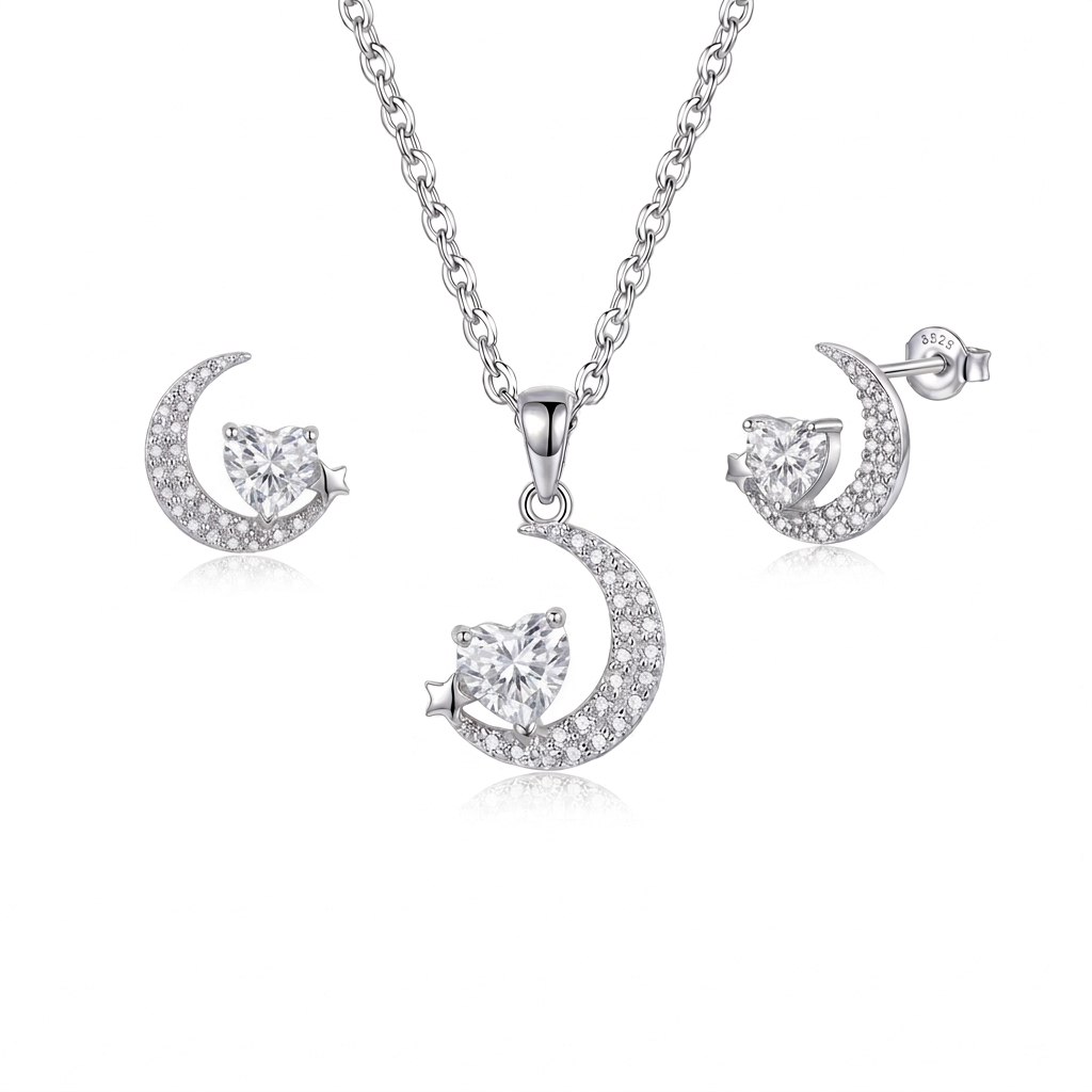 925 Silver Crescent Jewelry Set with Sparkling Heart Stone