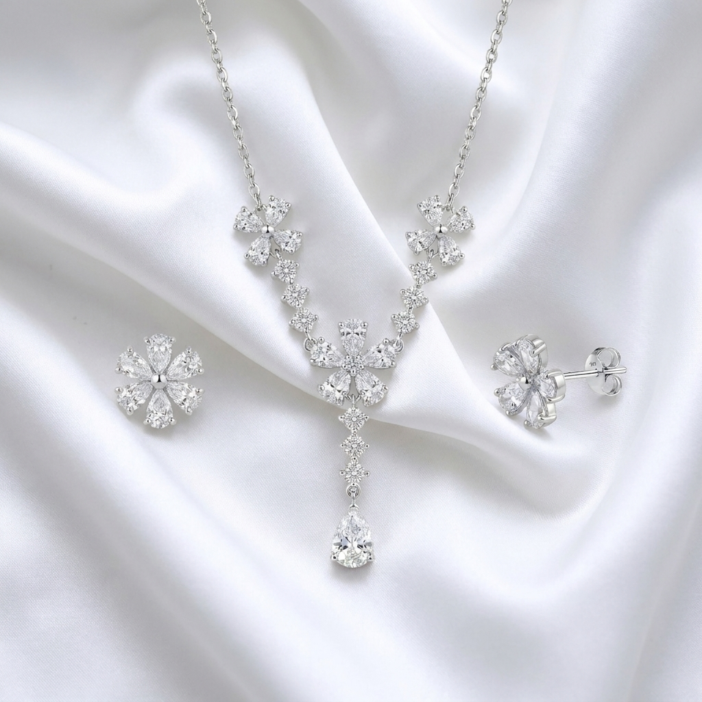 925 Silver Dangling Flower Design Set – Necklace and Earrings