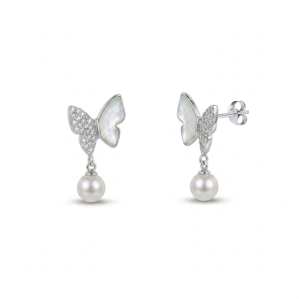 925 Silver Seashell and Dangling Butterfly Jewelry Set