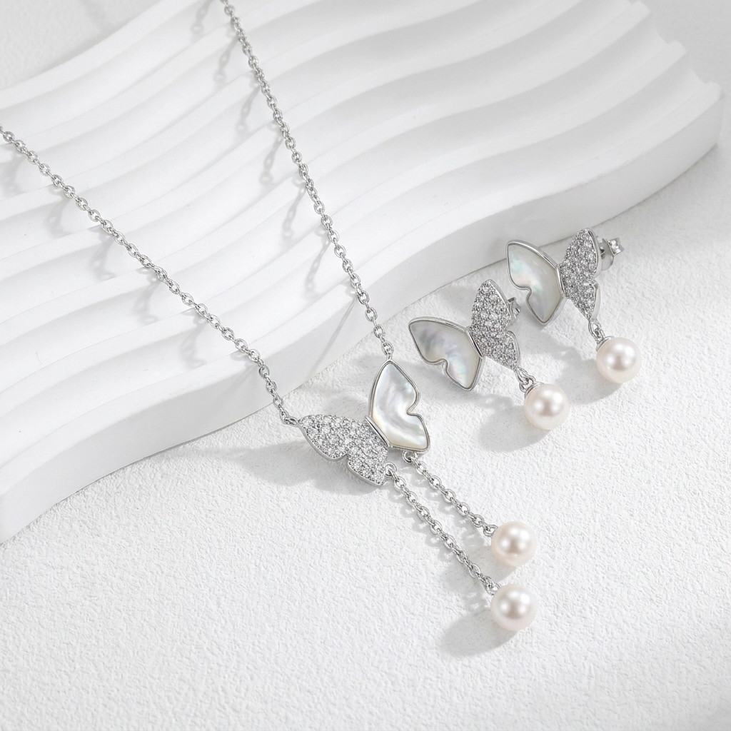 925 Silver Seashell and Dangling Butterfly Jewelry Set