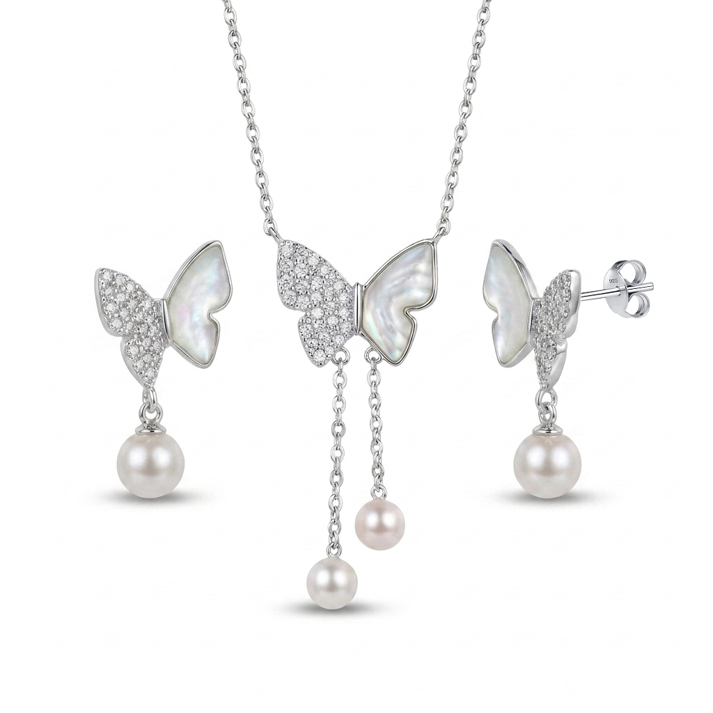 925 Silver Seashell and Dangling Butterfly Jewelry Set
