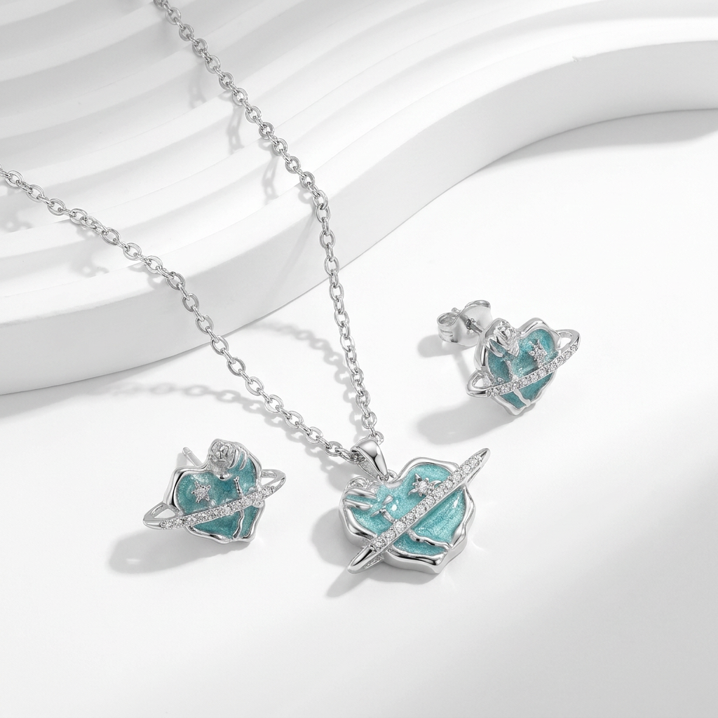 925 Silver Planet and Turquoise Heart Jewelry Set