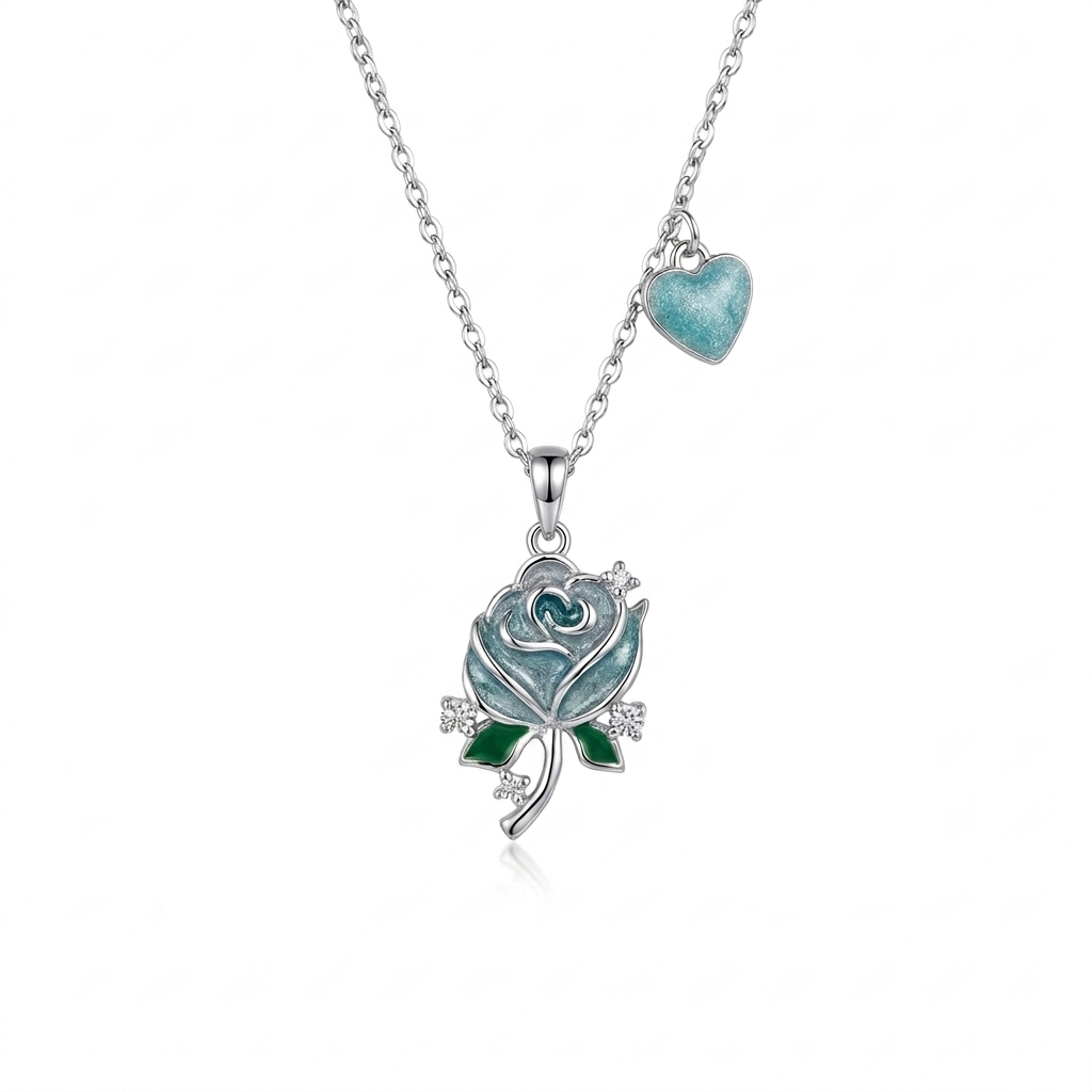 925 Silver Turquoise Flower and Dangling Heart Jewelry Set