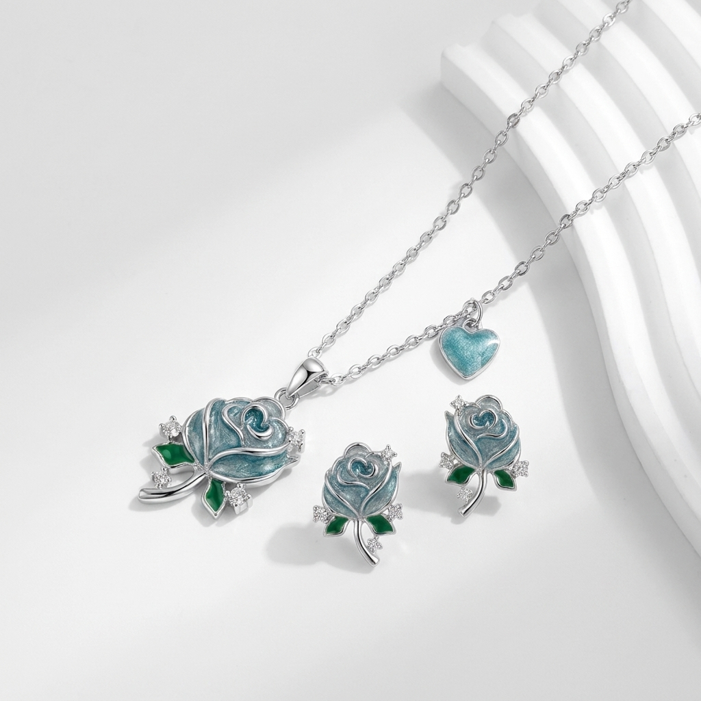 925 Silver Turquoise Flower and Dangling Heart Jewelry Set