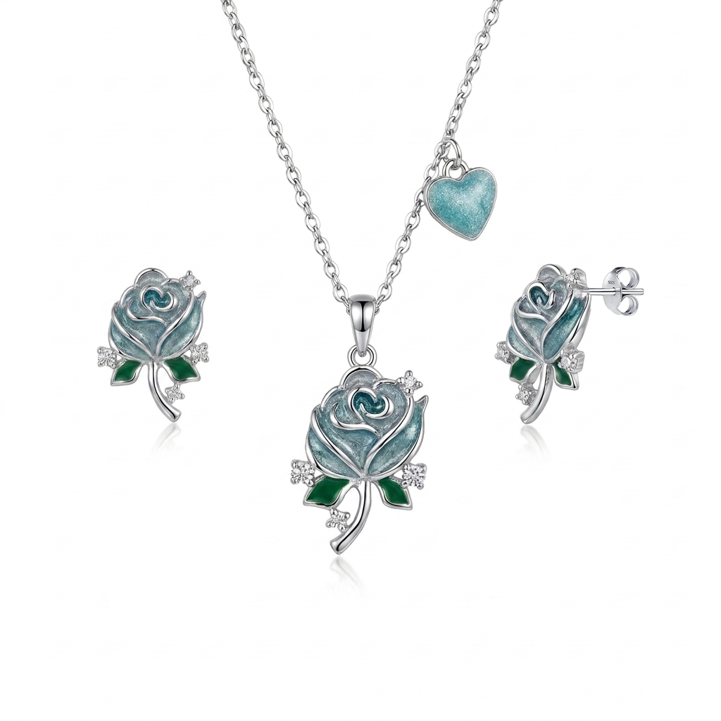 925 Silver Turquoise Flower and Dangling Heart Jewelry Set