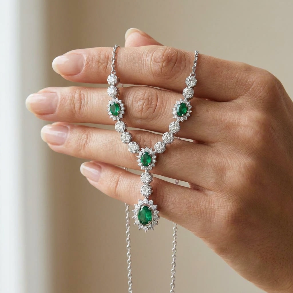 925 Silver Necklace with Shiny Green Emerald Stone in a Royal Design