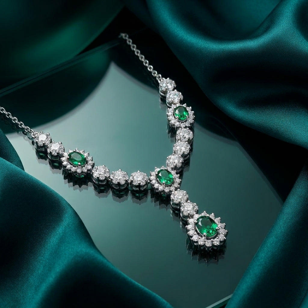 925 Silver Necklace with Shiny Green Emerald Stone in a Royal Design