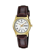 Casio Women’s Watch with Gold Case, Brown Leather Strap, and Roman White Dial