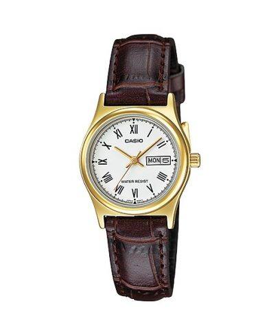 Casio Women’s Watch with Gold Case, Brown Leather Strap, and Roman White Dial