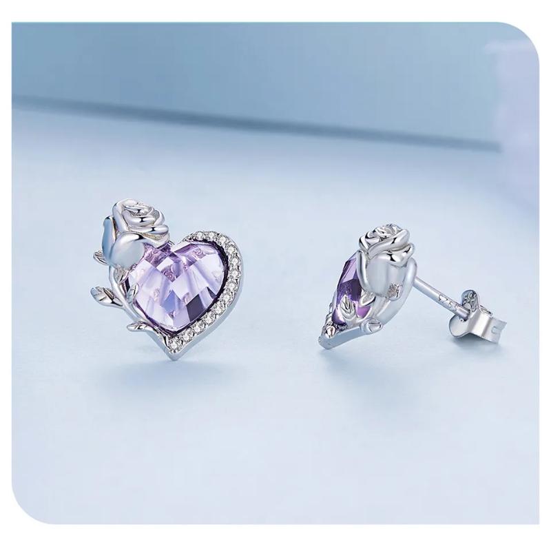 BSE696 - 925 Sterling silver earrings studded with heart and flower-shaped cubic zirconia stones