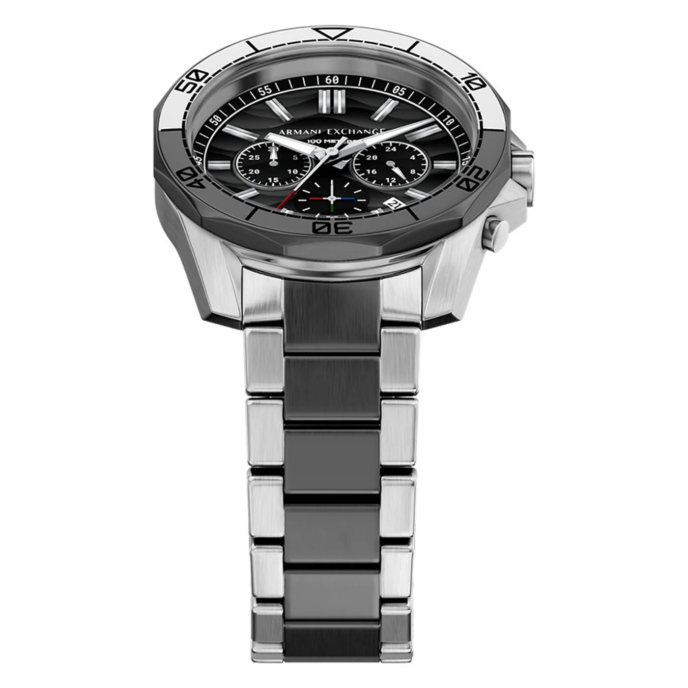 Armani Exchange Men's Chronograph Watch – Black Dial with Two-Tone Gray Stainless Steel Bracelet