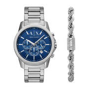 Armani Exchange Men's Chronograph Watch & Bracelet Set – Blue Dial with Silver Stainless Steel Bracelet