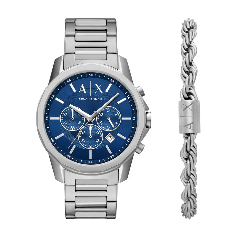 Armani Exchange Men's Chronograph Watch & Bracelet Set – Blue Dial with Silver Stainless Steel Bracelet