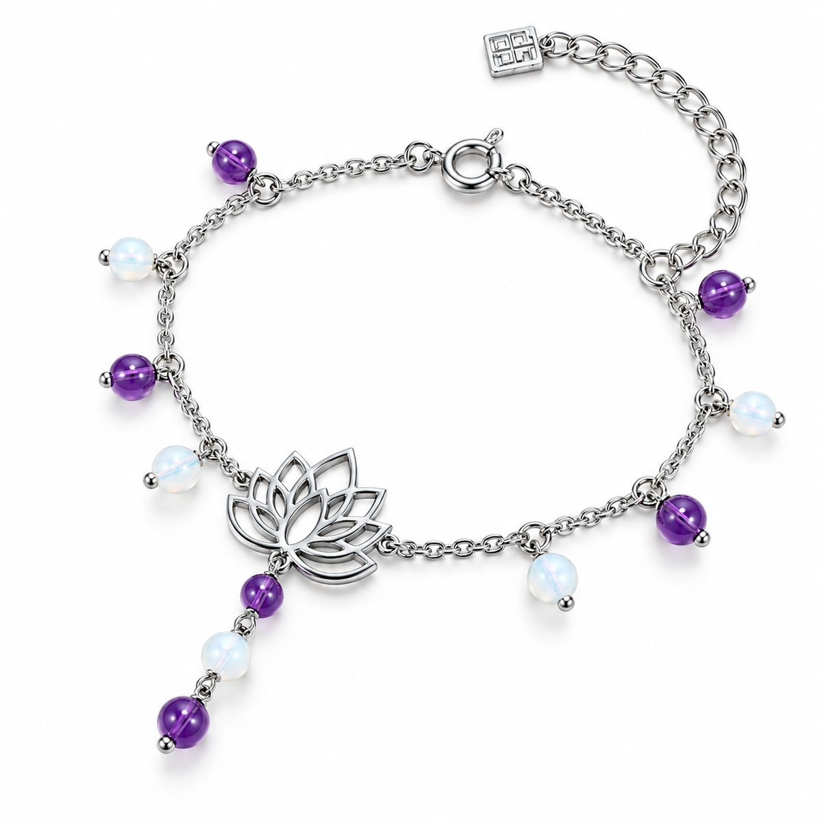 Lotus Anklet with Mother of Pearl and Natural Amethyst, 925 Silver