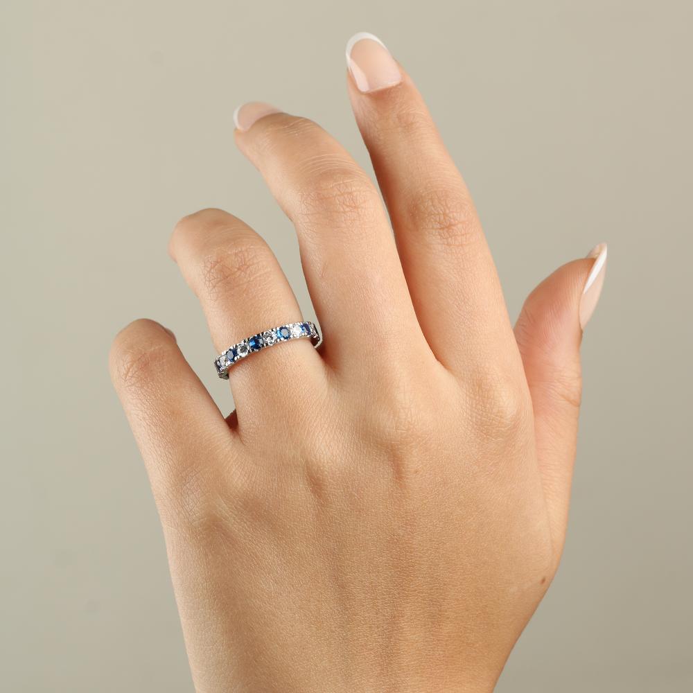 925 Silver Eternity Ring with Alternating Blue and Clear Stones
