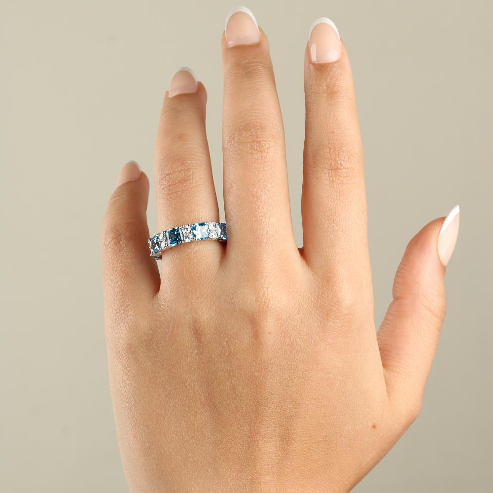 خاتم فضة 925 بفصوص زركون أزرق وأبيض