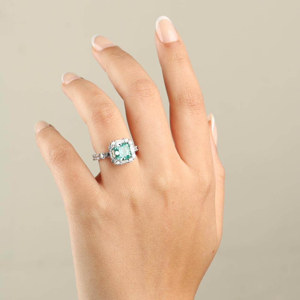 925 Silver Ring with Green Stone, Zircon Frame, and Full Side Setting