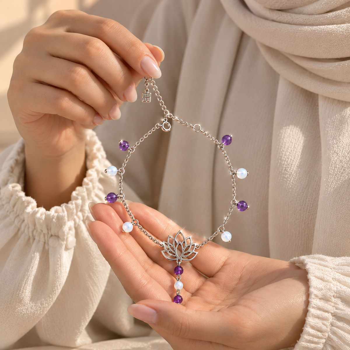Lotus Anklet with Mother of Pearl and Natural Amethyst, 925 Silver