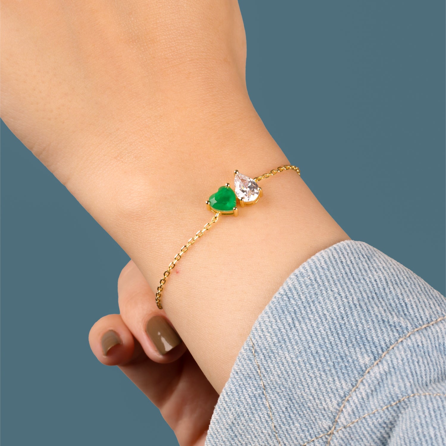 Gold-Plated 925 Silver Bracelet with a Green Heart Stone and a Clear Teardrop Stone