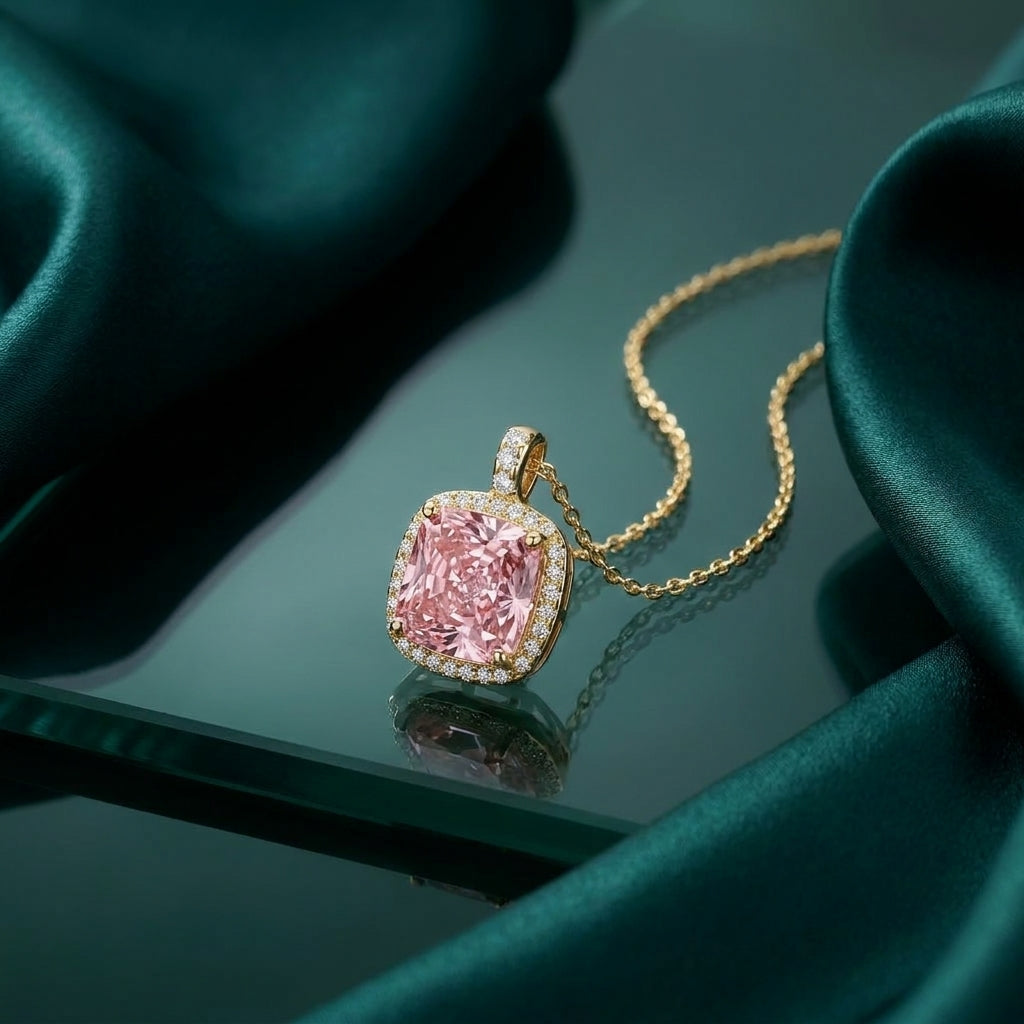 Elegant Pink Stone 925 Silver Necklace Gold Plated