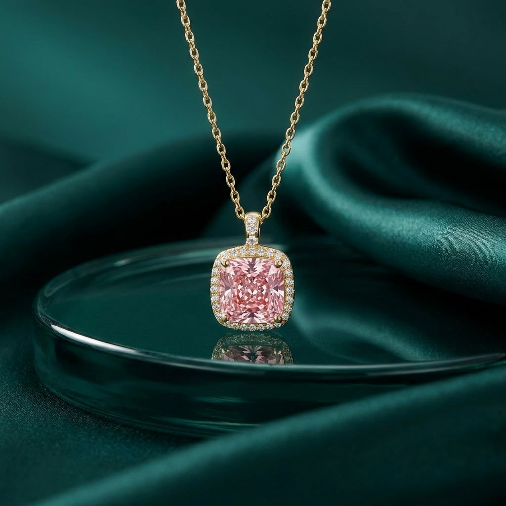 Elegant Pink Stone 925 Silver Necklace Gold Plated