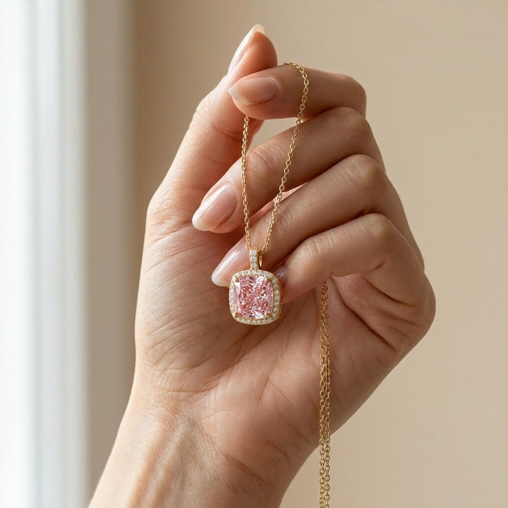 Elegant Pink Stone 925 Silver Necklace Gold Plated
