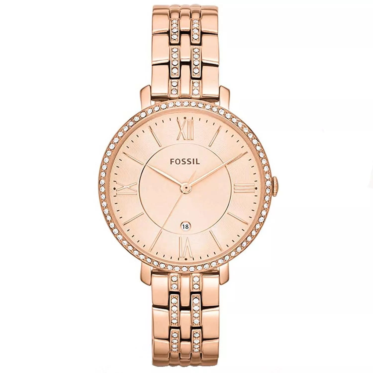 ساعة فوسيل جاكلين كوارتز للنساء بسوار من الستانلس ستيل بلون ذهبي وردي وميناء ذهبي وردي ES3546