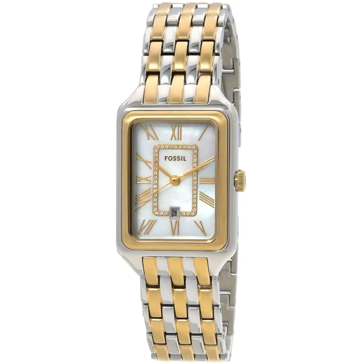 Fossil Women's Rectangular Watch – White Mother-of-Pearl Dial with Two-Tone Stainless Steel Bracelet