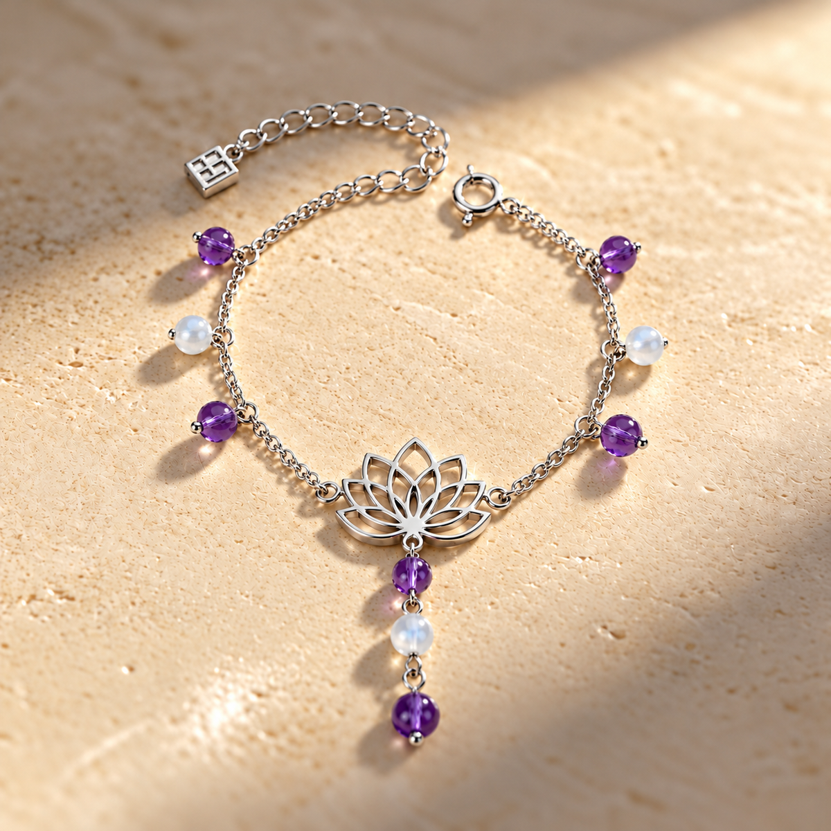 Lotus Bracelet with Shell and Natural Amethyst Stones 925 Silver