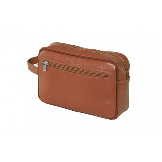 Men’s Small Handbag – Brown Faux Leather with Front Zipper and Side Wrist Strap

