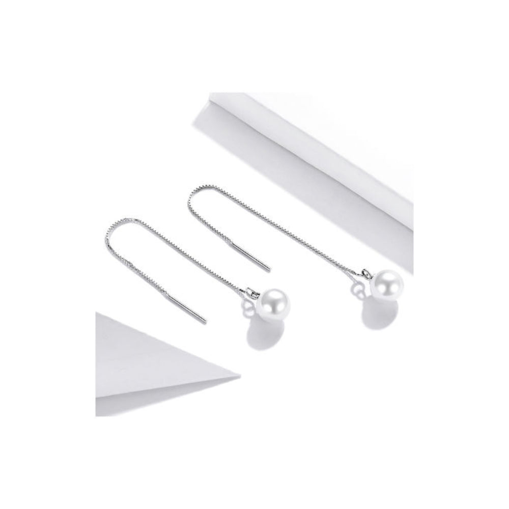 Simple long pearl earrings, 925  silver
