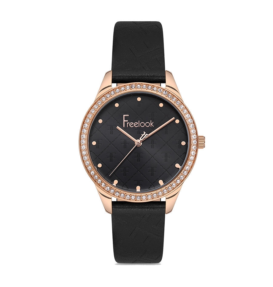 Freelook women's wristwatch with a rose gold case and black leather strap – delicate design with a crystal-studded bezel.
