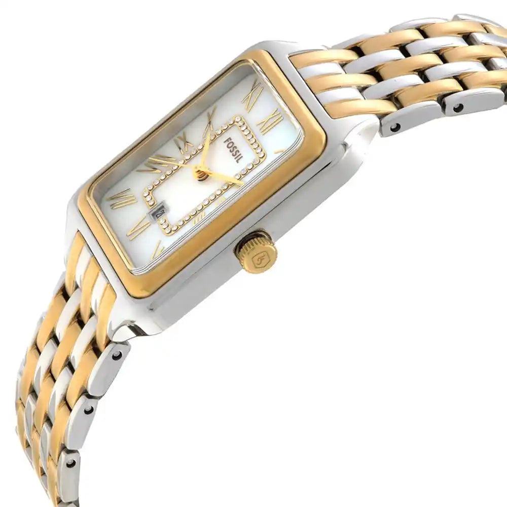 Fossil Women's Rectangular Watch – White Mother-of-Pearl Dial with Two-Tone Stainless Steel Bracelet