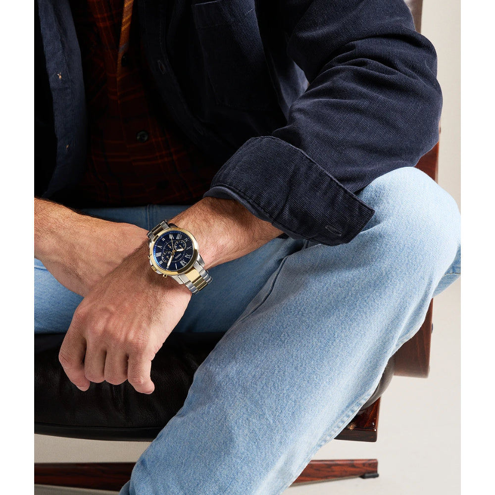 Fossil Grant Chronograph Two-Tone Stainless Steel Blue Dial, Mens Watch FS6132