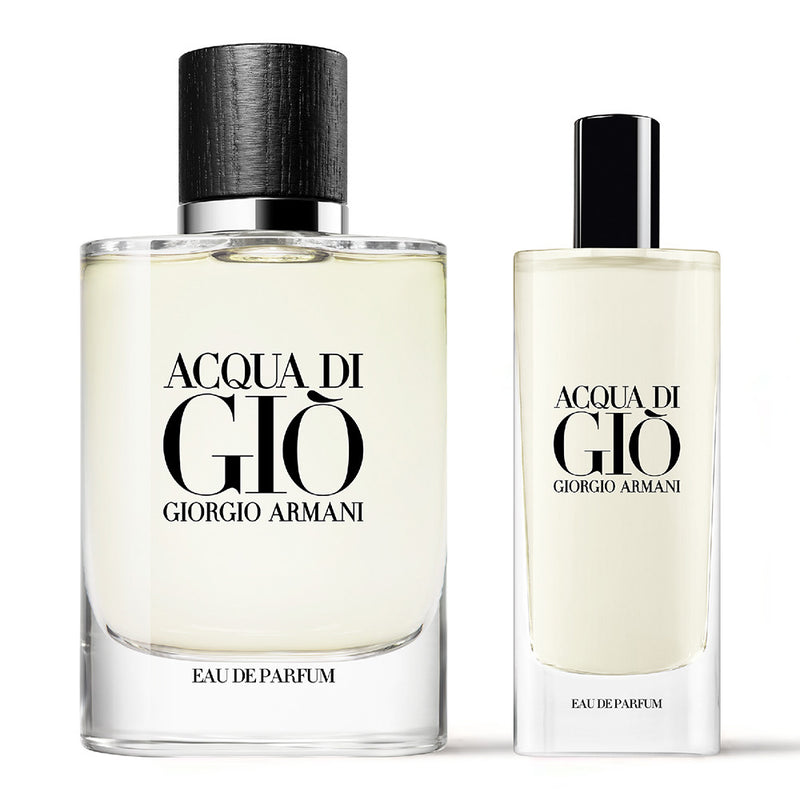 طقم عطر أكوا دي جيو من جورجيو أرماني – أو دو برفان رجالي 100 مل + عطر سفر 15 مل