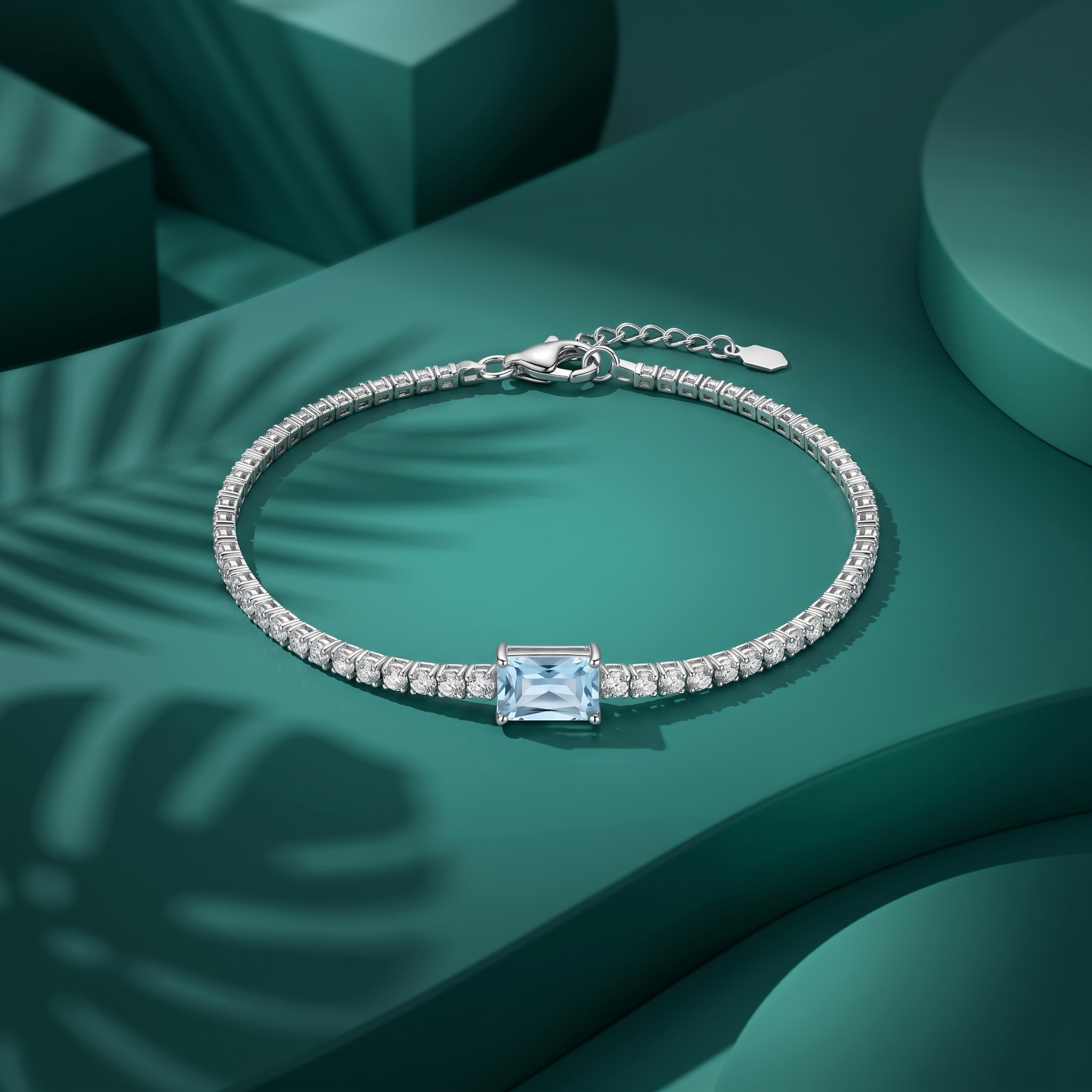 925 silver bracelet with a light sky-blue stone and sparkling accents.