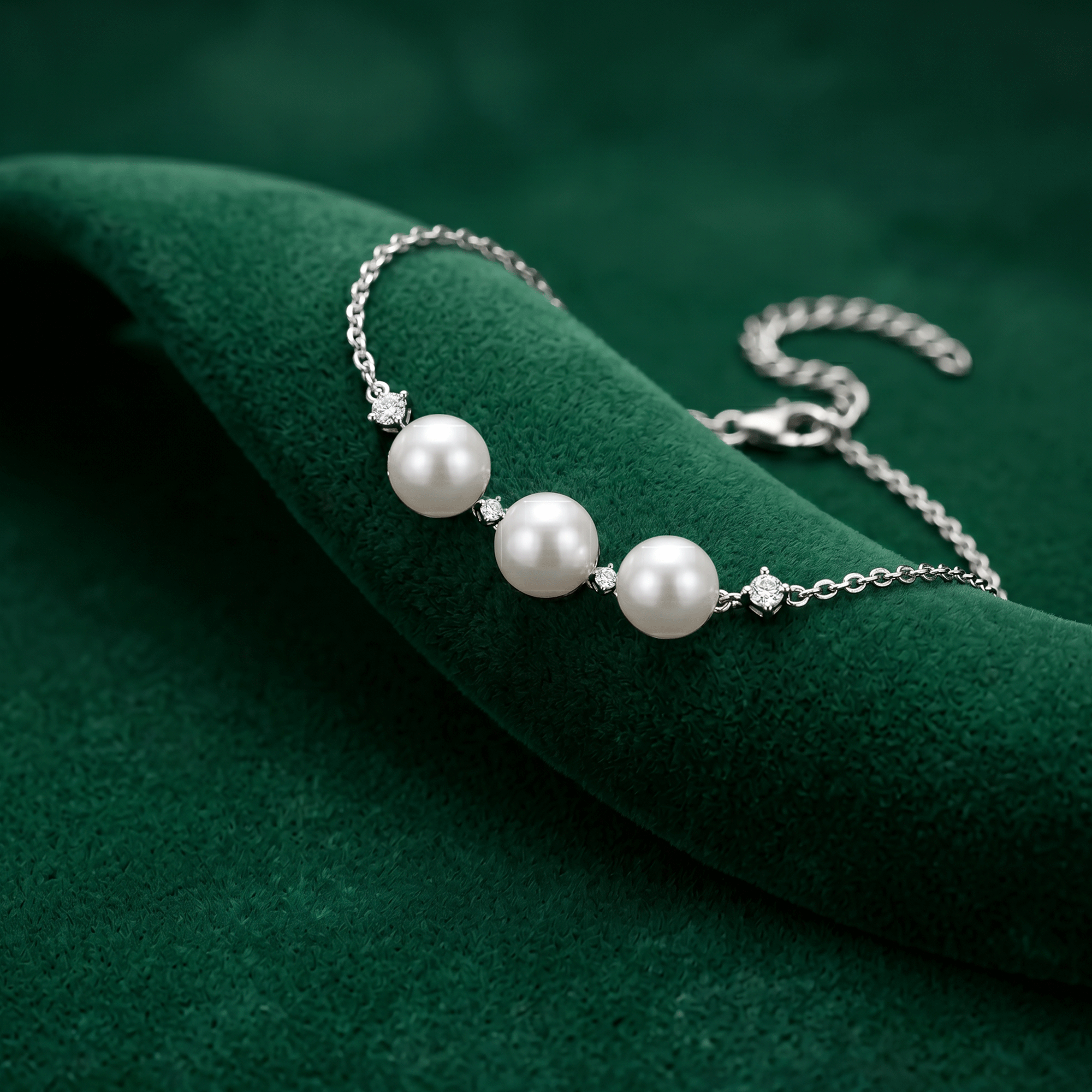 925 silver pearl bracelet with shiny silver bead details.