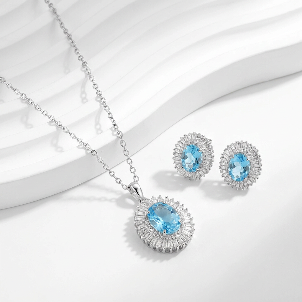925 Silver Set with Sky Blue Stone.