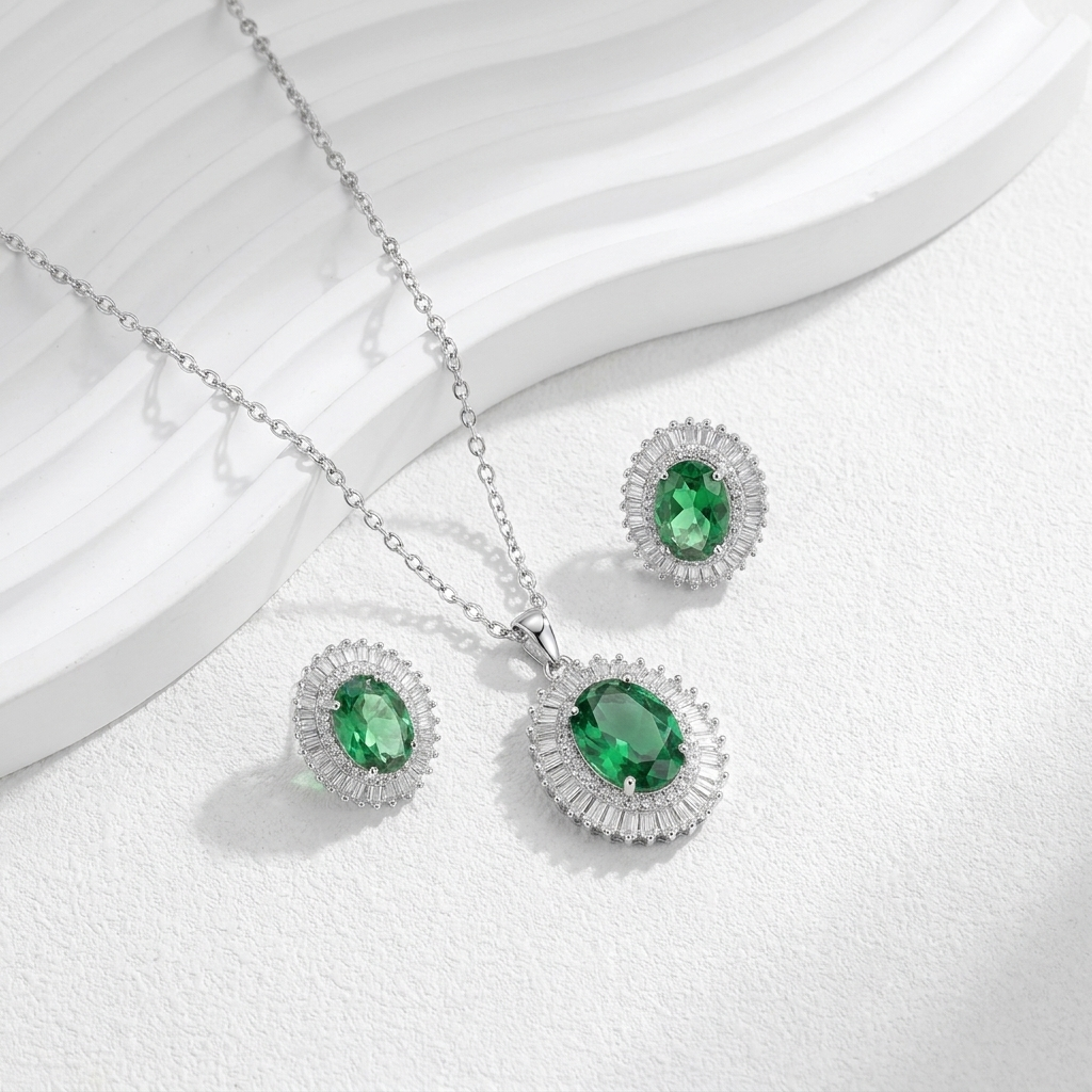 925 Sterling Silver Set with Shiny Green Stone.
