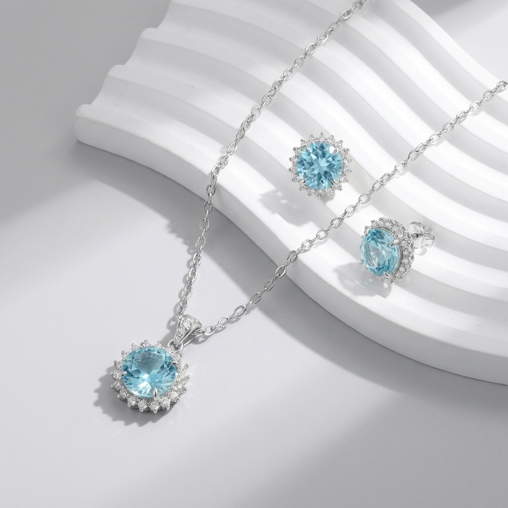 Sky Blue 925 Sterling Silver Set Adorned with Zircon.Sky Blue 925 Silver Set Adorned with Zircon.