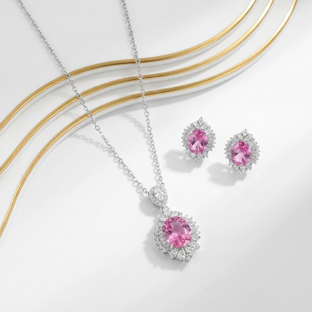The "Pink Blossom" Set in 925 Silver with a Shiny Pink Stone and Sparkling 