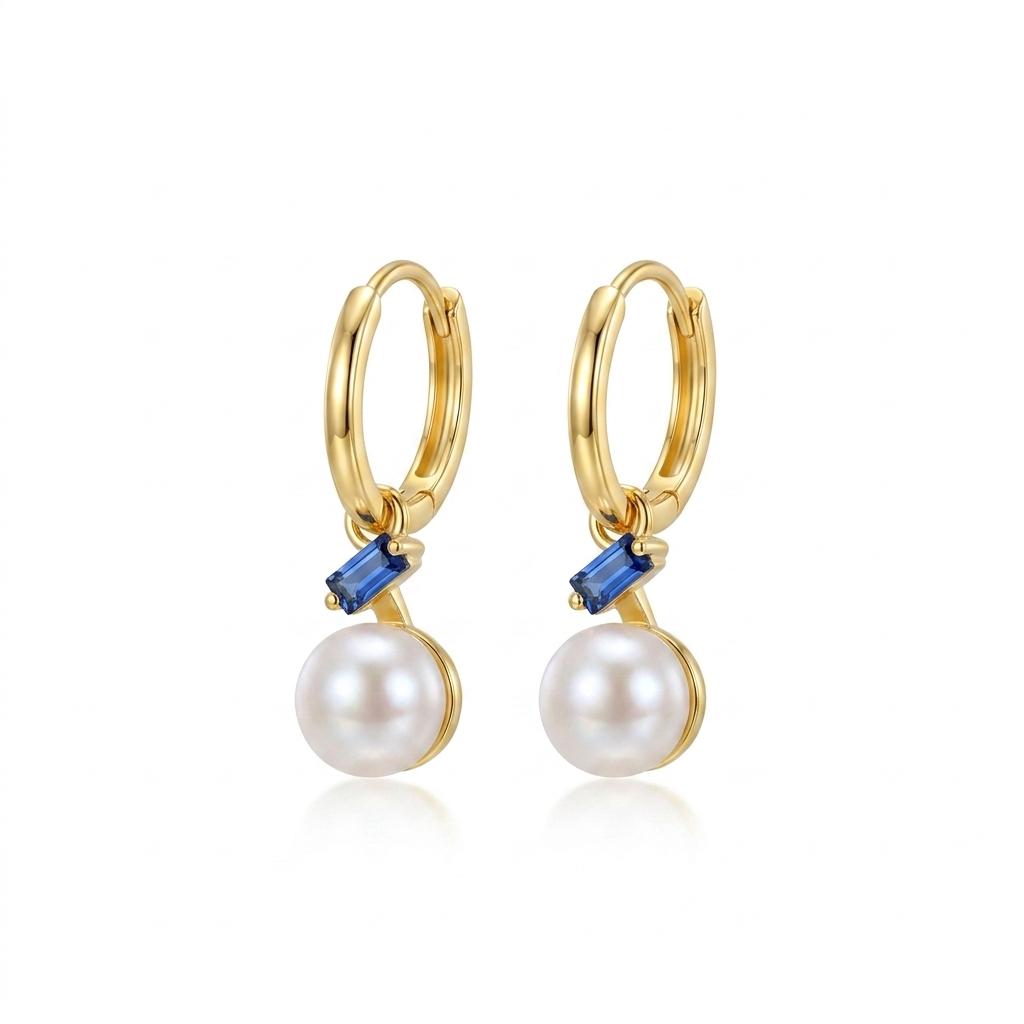 Soft 925 Silver Earrings With A Pearl And A Sparkling Blue Stone - Gold Plated