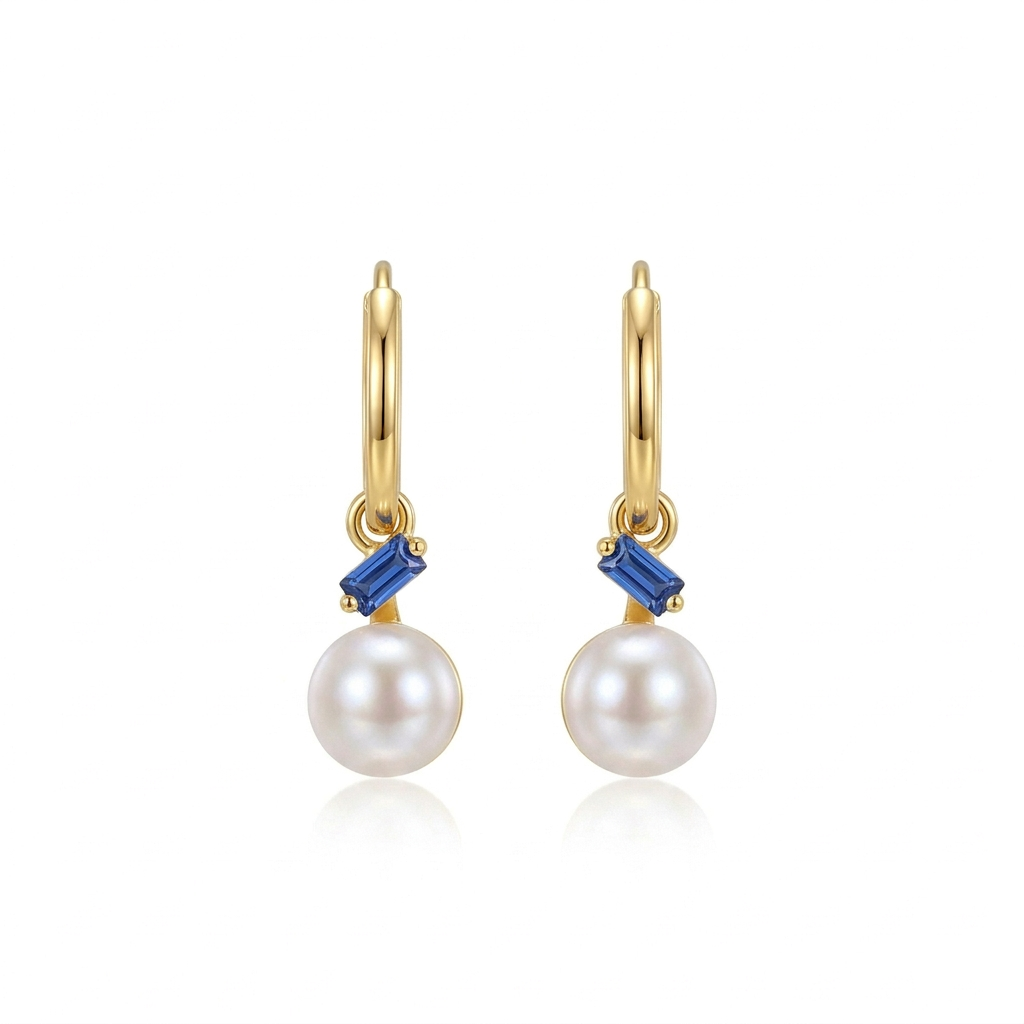Soft 925 Silver Earrings With A Pearl And A Sparkling Blue Stone - Gold Plated