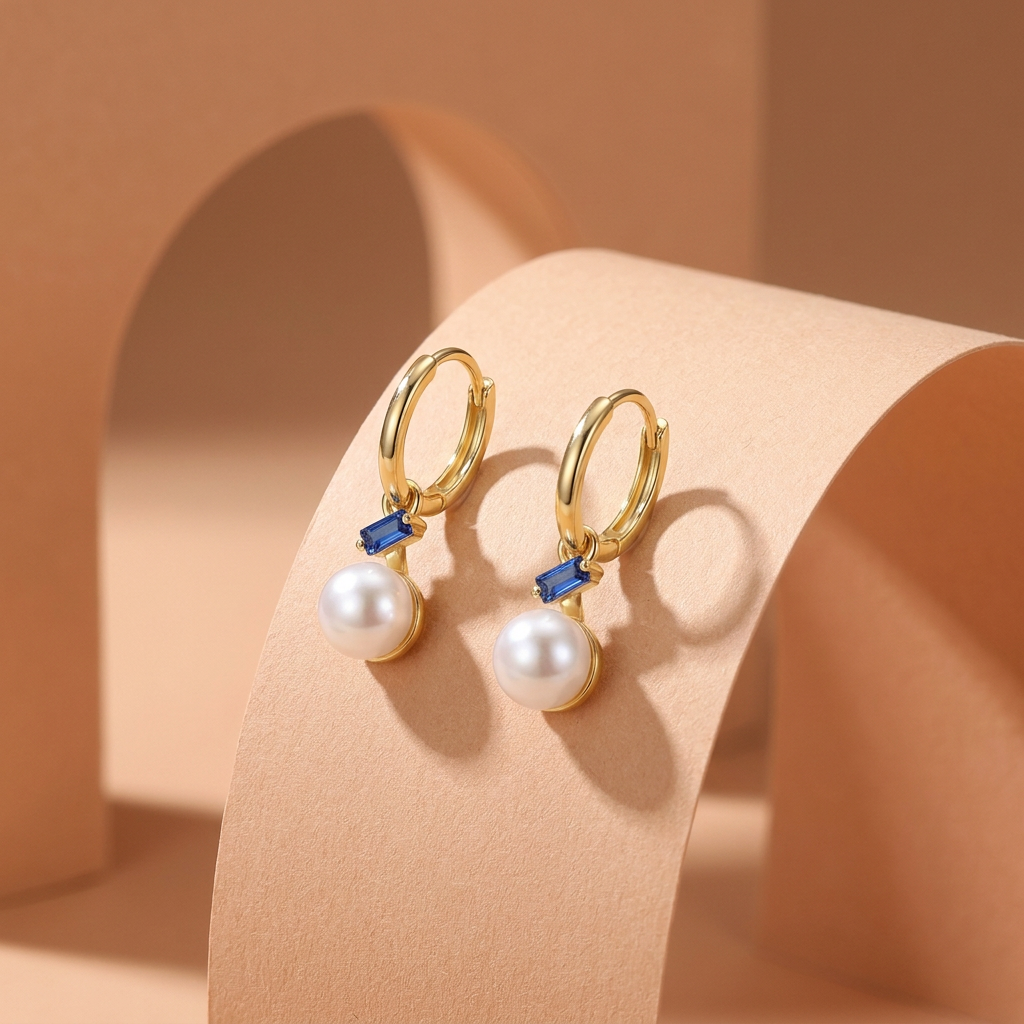 Soft 925 Silver Earrings With A Pearl And A Sparkling Blue Stone - Gold Plated