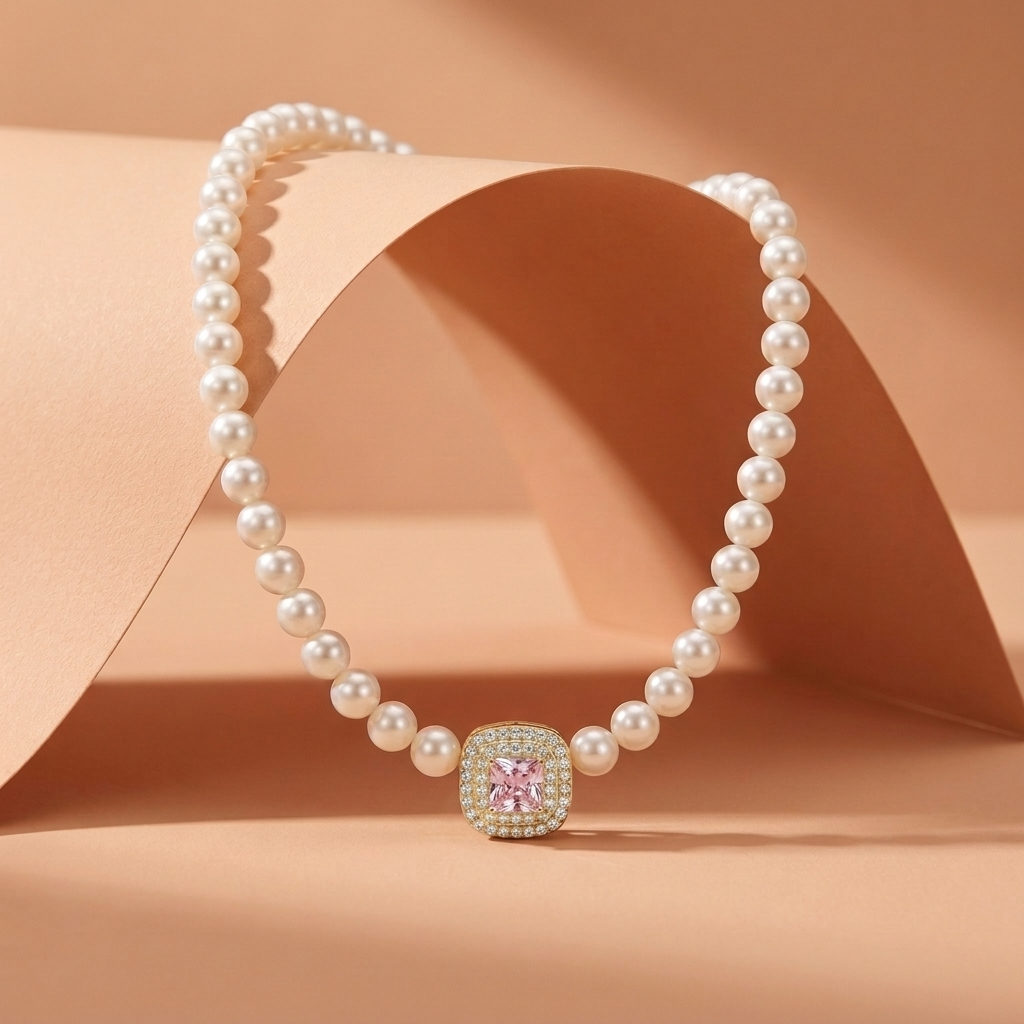 925 Silver Necklace with Sparkling Pink Stone & Pearl