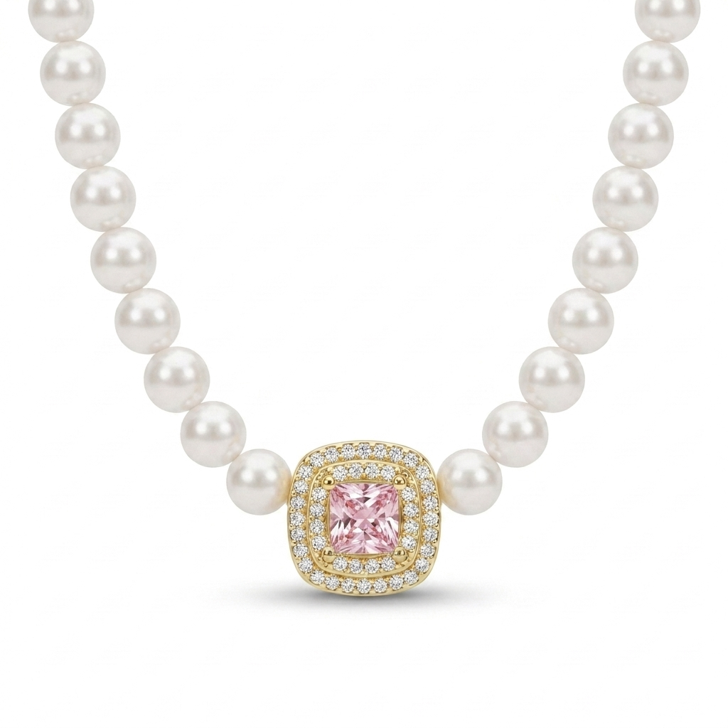 925 Silver Necklace with Sparkling Pink Stone & Pearl