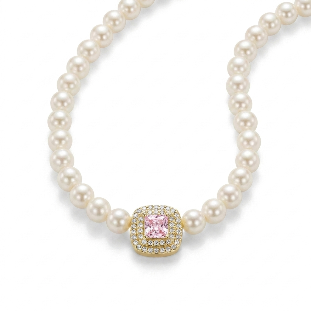 925 Silver Necklace with Sparkling Pink Stone & Pearl