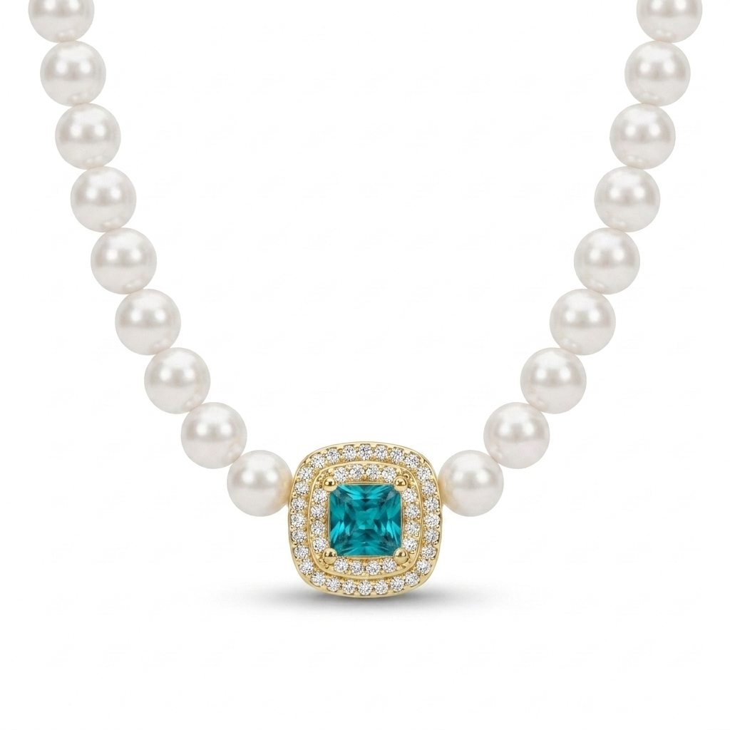 925 Silver Pearl Necklace with Sky Blue Stone