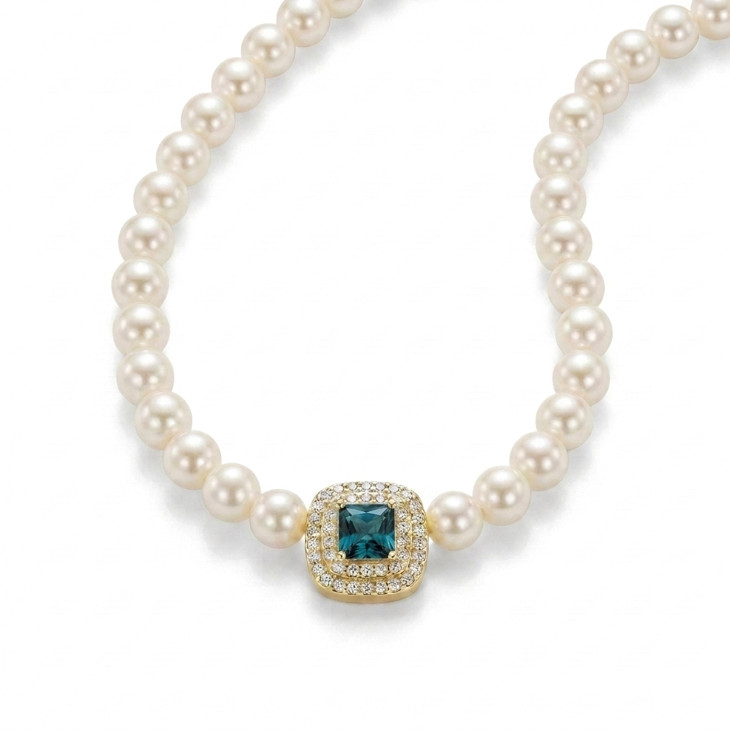 925 Silver Pearl Necklace with Sky Blue Stone